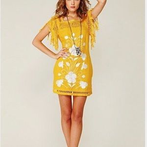 Free People Yellow Fringe Embroidered Linen Dress
